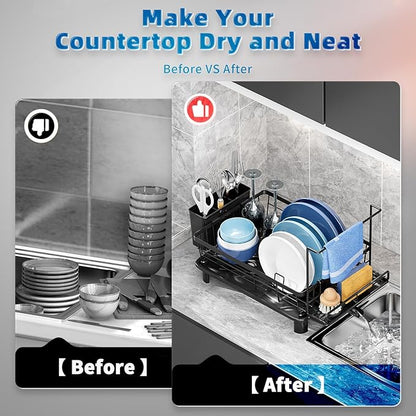 GAOKASE Dish Drying Rack, Compact Dish Racks for Kitchen Counter with Sponge Rack, Space-Saving Dish Drainer Drying Rack with Drainboard, Utensil Holder and and Automatic Drainage Drainboard, Black