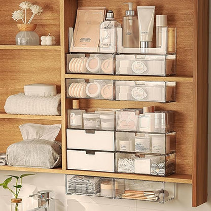 MORNITE Medicine Cabinet Drawer Organizer Set, 2-Tier Stackable Storage Drawers for Small Bathroom Mirror Toilet Wall Garage Vanity Cabinet - Clear