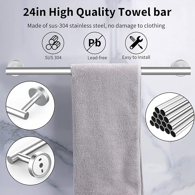 Newfun 10-Pieces 24 Inch Brushed Nickel Bathroom Hardware Set, Includes 24 Inch Towel Racks for Bathroom Wall Mounted, Toilet Paper Holder, Towel Hooks for Bathrooms, Towel Rings for Bathroom Wall