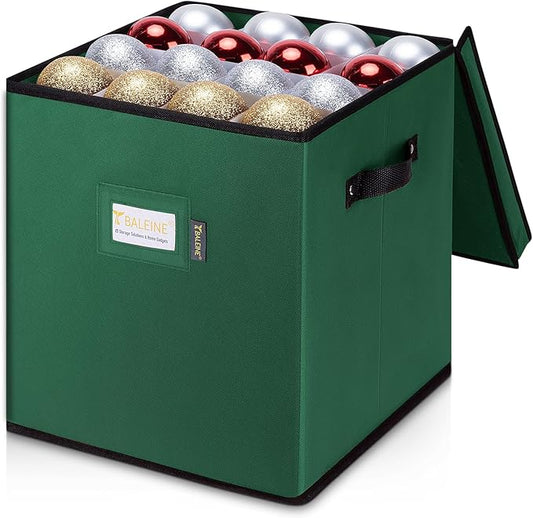 BALEINE Christmas Ornament Storage Box with Dividers, Premium Holiday Ornaments Storage Container Bin for Xmas Decorations (64 Ball, Green, Without Tray)