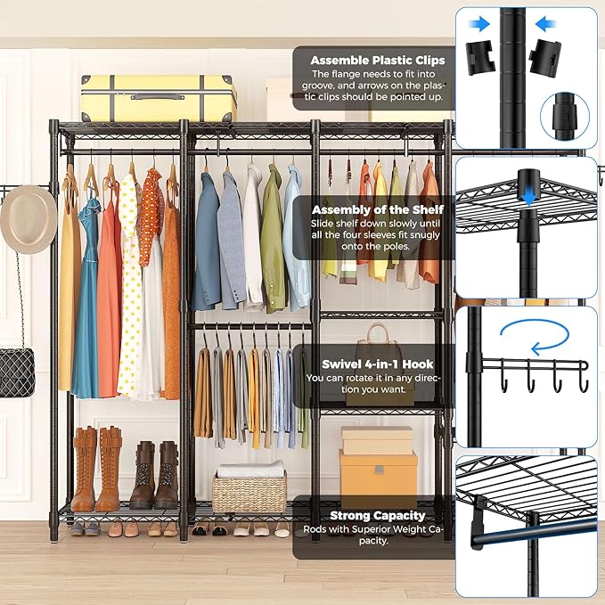 Large Heavy Duty Clothes Rack with Shelves, Adjustable Wire Garment Rack, Functional Clothing Racks for Hanging Clothes Freestanding Wardrobe Closet, 76.8" L x 17.1" W x 77" H, Max Load 900lbs
