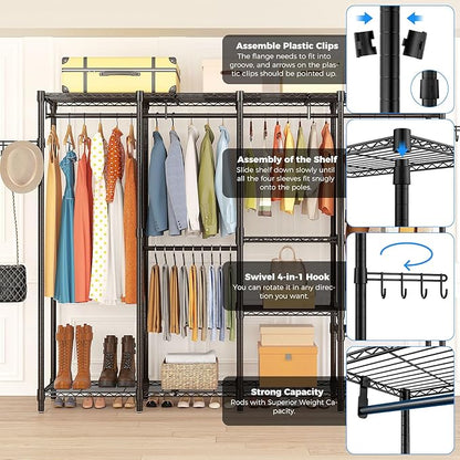 Large Heavy Duty Clothes Rack with Shelves, Adjustable Wire Garment Rack, Functional Clothing Racks for Hanging Clothes Freestanding Wardrobe Closet, 76.8" L x 17.1" W x 77" H, Max Load 900lbs