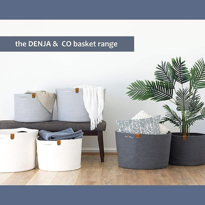 DENJA & CO Large Blanket Basket for Living Room - Decorative Woven Baskets for Storage | Cotton Rope Large Baskets for Blankets, Pillows, Toys, or Laundry | Light Gray (17.7" Wide x 11.4" Tall)