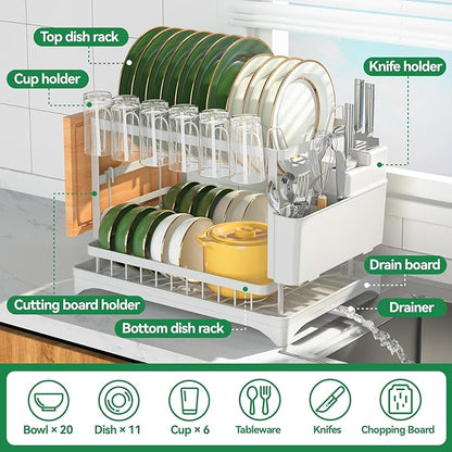 QECOUI 2-Tier Dish Drying Rack with Drainboard, Sink & Countertop Metal Dish Rack Organizer, Dish Drainers for Kitchen Counter, White Dish Racks