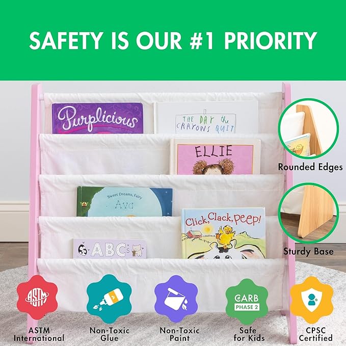 Humble Crew 4-Tier Kids Bookshelf, Pink/White - Premium Book Shelf for Kids Rooms with Four Deep Pockets - Toddler Sling Book Rack with Deep Sleeves, Nursery Bookcase Organize