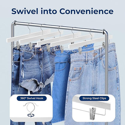 SereneLife 30 Pack Skirt and Pant Hanger with Adjustable Non-Slip Steel Clips, Premium Wooden, 360° Swivel Hook & 10 lb Capacity – Space-Saving Heavy-Duty Hangers for Jeans, Shorts & Slacks (White)