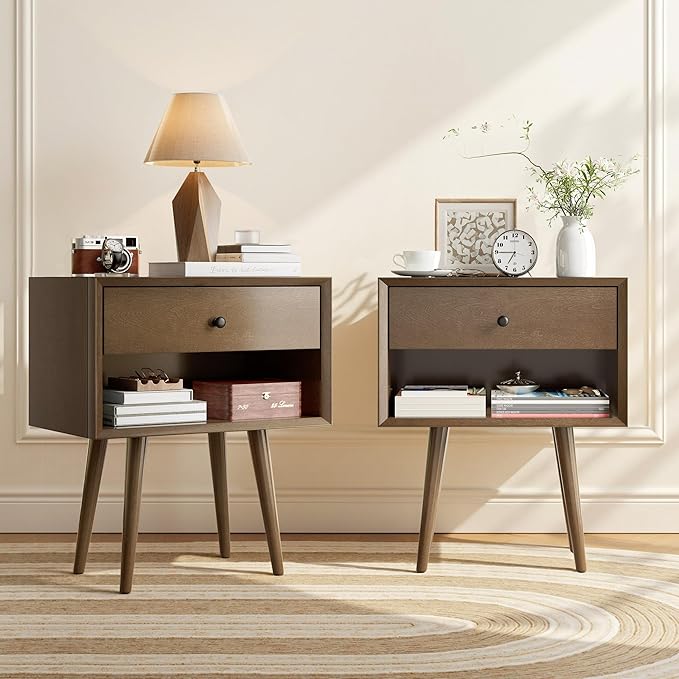 AMERLIFE Solid Wood Nightstand Set of 2, Fully Assembled End Table with Storage Drawer & Open Cubby, Mid-Century Modern Side Table for Bedroom, Walnut