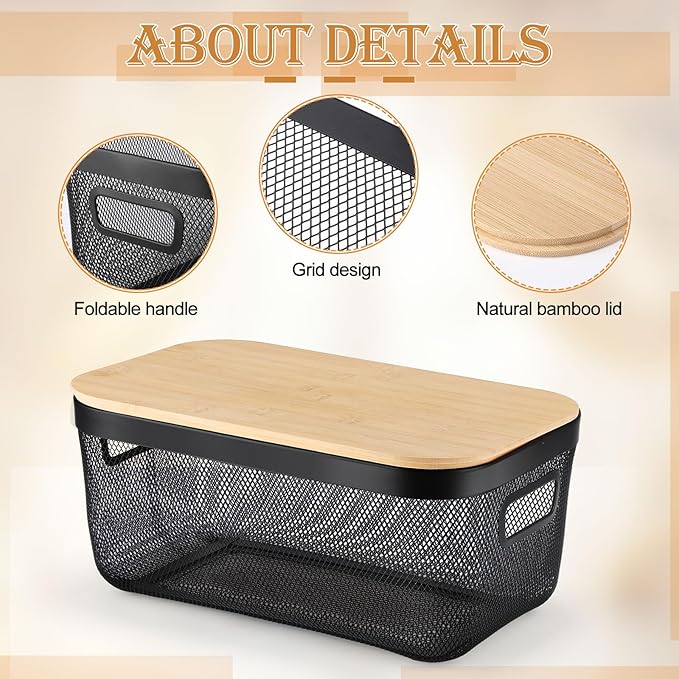 Sawysine 4 Pcs Metal Mesh Steel Basket with Handles and Bamboo Lids 16 x 9.8 '' Stackable Black Wire Basket Pantry Organization and Storage for Cabinets Shelves Kitchen Harvest