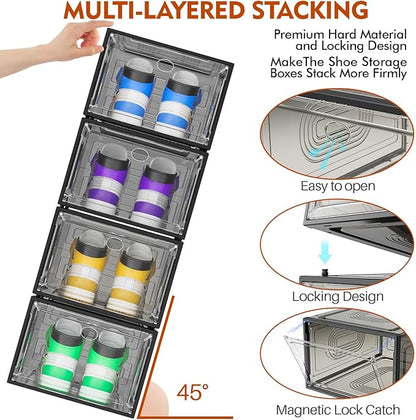 caktraie 6 Pack Thicken Shoe Organizer Stackable,Upgraded Sturdy Shoe Storage Box with Magnetic Door,Shoe Containers For Sneaker Display,Hat Organizer,Black