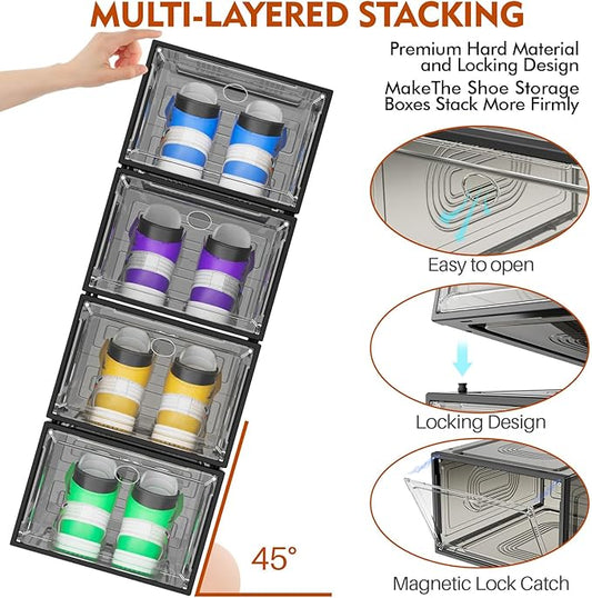 caktraie 6 Pack Thicken Shoe Organizer Stackable,Upgraded Sturdy Shoe Storage Box with Magnetic Door,Shoe Containers For Sneaker Display,Hat Organizer,Black