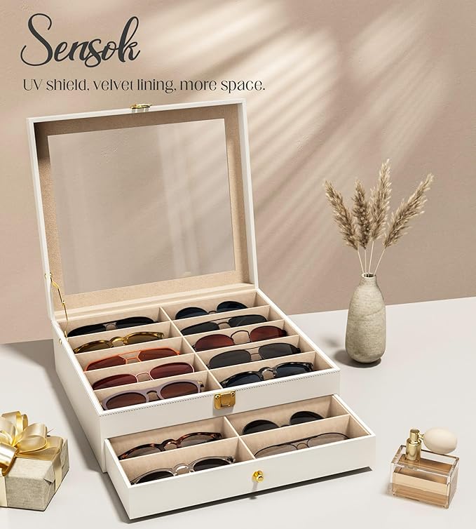 sensok Sunglasses Organizer Storage Box - 20 Slots Eyeglass Display Case for Multiple Pair Glasses, 2-Layer Holder with Clear Glass Lid, Jewelry and Watch Collection Box for Women and Men, White