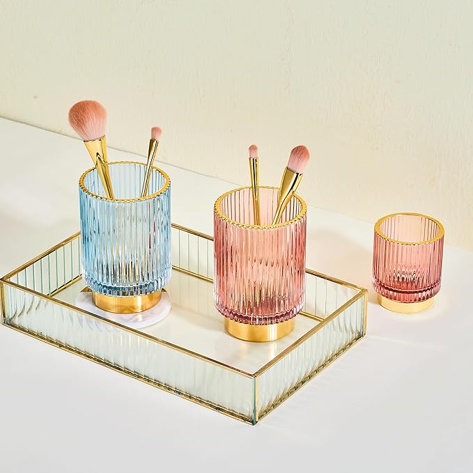 LEICURACE Makeup Brush Holder Organizer,Toothbrush Holders,Desk Pen Pencil Holder,Multifunctional Vintage Glass Brush Cup（L/Blue/A3-8-US）