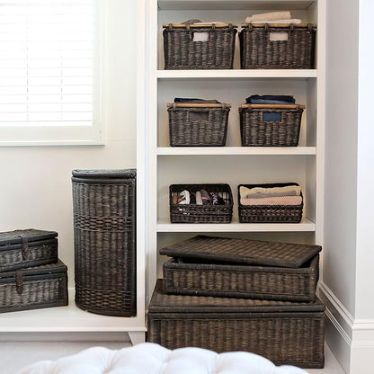 The Basket Lady Pole Handle Wicker Storage Basket, Small, 14 in L x 10 in W x 7.5 in H, Antique Walnut Brown