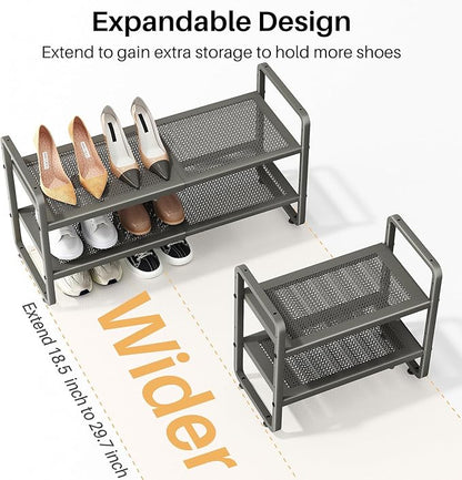 SNTD Shoe Rack - Expandable Shoe Organizer for Closet, Adjustable Metal Shoe Shelf Storage, Stackable Long Shoe Stand Holder for Garage, Entryway, Door Entrance (Grey, 2-Tier)
