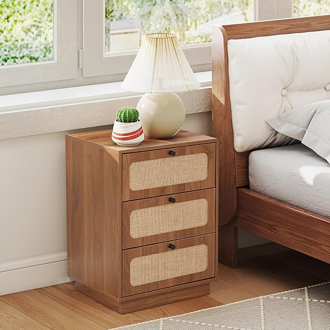 AVZEAR Mid Century Night Stand Set of 2, Modern Nightstand with 3 Drawers and Nature Linen Panel, Wood Bedside Table Rustic End Table for Small Space, Dorm, Bedroom(Walnut)