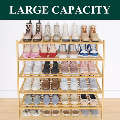 Smiry Long Bamboo Shoe Rack 5-Tier, Stackable Wooden Shoe Organizer for Entryway & Closet, Free Standing Wood Shoe Storage Shelf for Front Door & Small Spaces, Natural