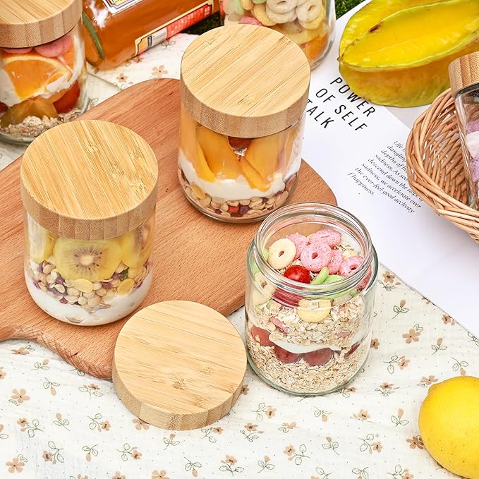 YUNCANG Glass jars with Airtight Lids, 16oz Overnight Oats Containers with Bamboo Lids, 6 Pack Wide mouth Mason Salad jars, Glass Food Storage Containers for Spice Sugar Snacks Yogurt