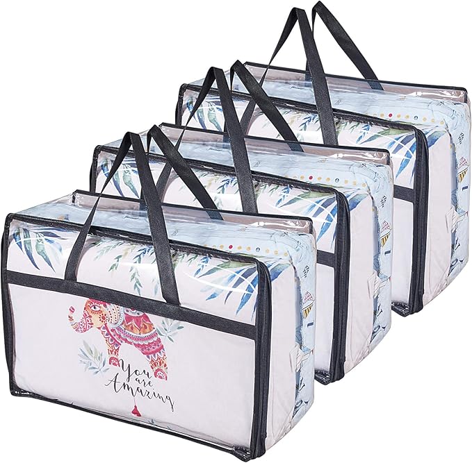 OYOUNGNI Clear Clothes Storage Bag Organizer with Reinforced Handle, Vinyl Storage Bags for Comforter, Blanket, Bedding, Toys, Transparent Moving Totes with Sturdy Dual Zippers, 3 Pack, 55 L, Black