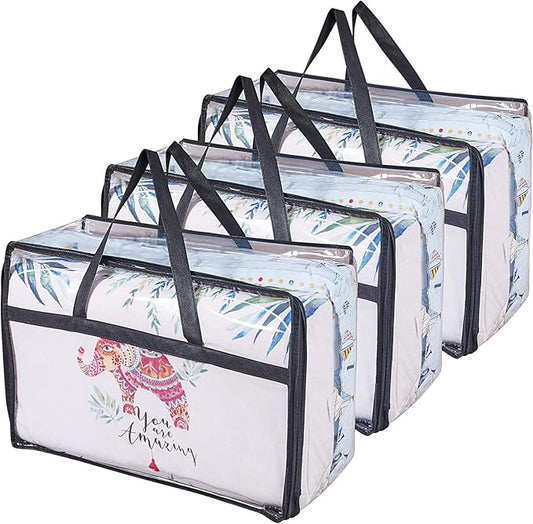 OYOUNGNI Clear Clothes Storage Bag Organizer with Reinforced Handle, Vinyl Storage Bags for Comforter, Blanket, Bedding, Toys, Transparent Moving Totes with Sturdy Dual Zippers, 3 Pack, 55 L, Black
