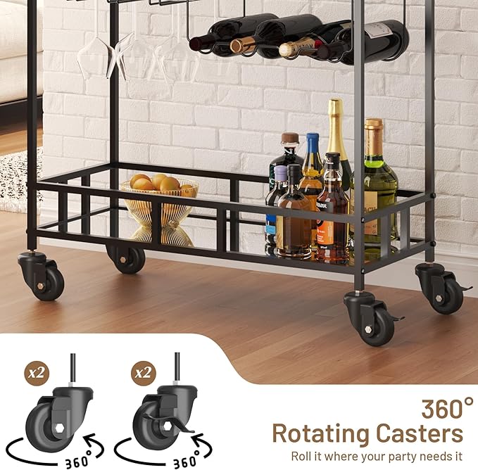 TrailBlaze 2-Tier Black+Mirror Rolling Bar Cart – Mirrored Shelves, Wine Bottle & Glass Racks – Beverage Service Trolley with Wheels for Home, Kitchen, Dining, Living Room