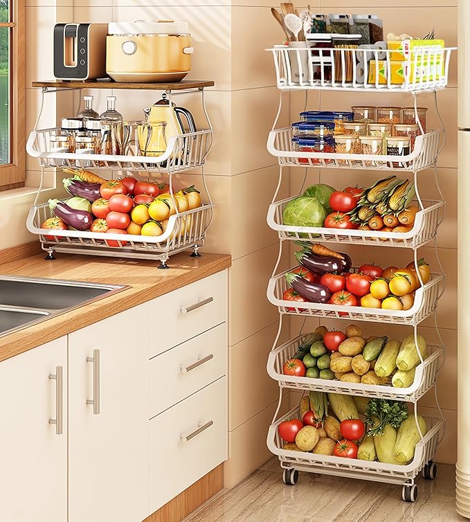 MURRI&MURRDI Fruit Vegetable Storage Basket with Wheels, 6 Tier Stackable Wire Storage Baskets, Tall Standing Produce Kitchen Rack Display, Narrow Rolling Cart for Pantry Onion Potato, White