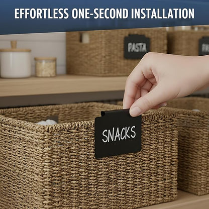 30 Basket Labels Clip On for Pantry Organization and Storage 3x4 inch - Plastic Baskets Bin Labels - Small Chalk Labels for Baskets - Black Bin Clip Labels for Baskets - Dry Erase Basket Tags