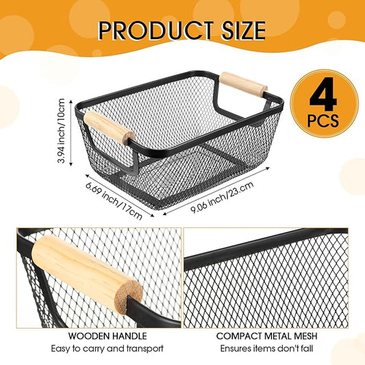 4 Pcs Metal Wire Basket with Wooden Handles Mesh Steel Storage Organizer Bin Containers for Home Organizing Cabinet Pantry Closet Kitchen Fridge Fruit Makeup Snacks Gifts(Small,Black)