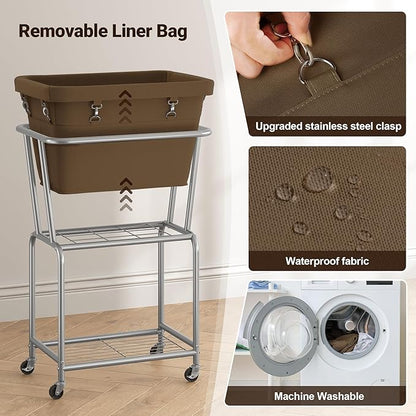 ELYKEN Laundry Cart with Wheels, Rolling Laundry Hamper with Removable Bag and Shelf, Metal Frame Laundry Basket with 4 Casters and 2 Brakes, Ideal for Bedroom, Bathroom, Laundry Room, Camel Brown