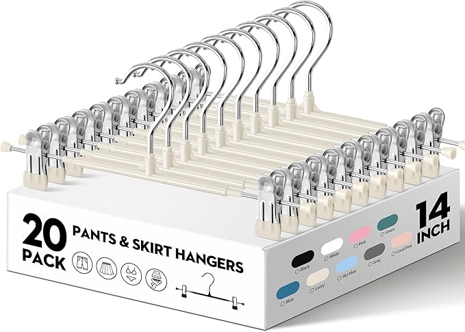 HWAJAN 20PACK 14Inch Pants Hangers with Clips Adjustable Skirt Hangers for Women Metal Non-Slip Trousers Hanger Heavy Duty Space Saving Clothes Hanger for Shorts,Jeans,Lvory