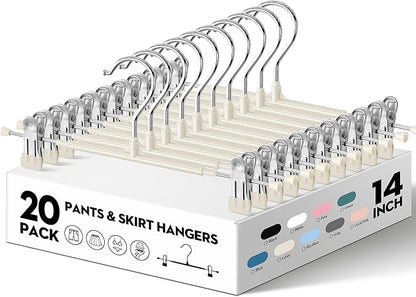 HWAJAN 20PACK 14Inch Pants Hangers with Clips Adjustable Skirt Hangers for Women Metal Non-Slip Trousers Hanger Heavy Duty Space Saving Clothes Hanger for Shorts,Jeans,Lvory