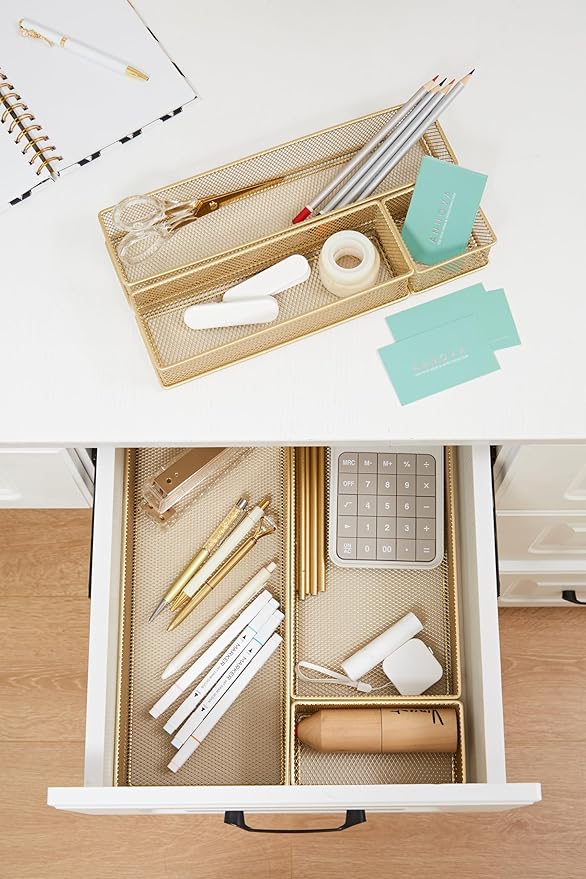 Annova Mesh Stackable Drawer Cabinet and Shelf Organizer Bins Storage Basket School Office Supply Holder Tray- Set of 2 (Gold, 6x9x2 Inch)