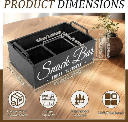 Snack Organizer for Countertop, Wood Pantry Storage Bins with Handles, Snack Bar Organizer for Pantry Shelf, 4 Compartment Food Container Box, Kitchen Storage Organizer for Nut,Chips,Beverage (Black)