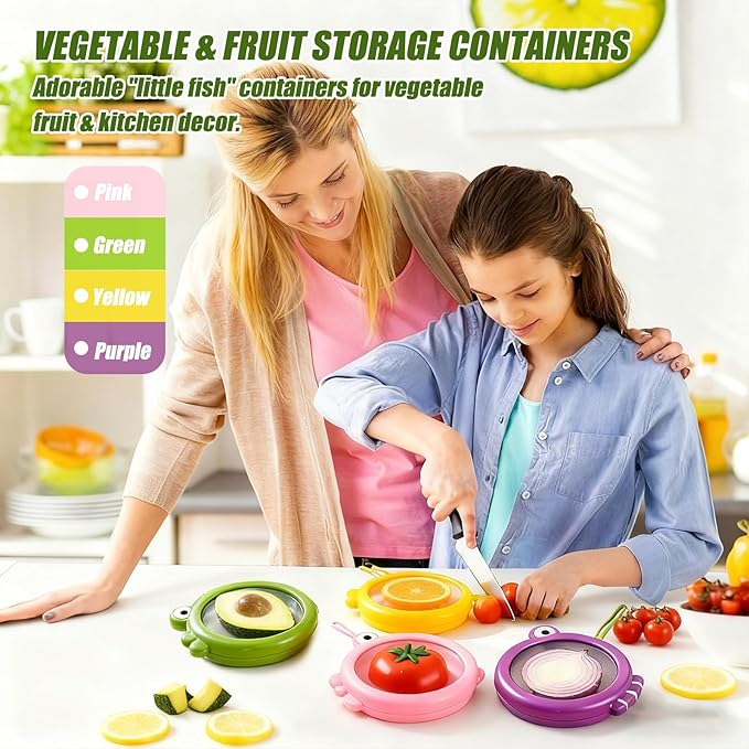 Set of 8 Fish-Shaped Fresh Food Containers, Fresh Pod, Reusable Silicone Storage Pods for Avocado, Onions, Lemon, Tomatoes, Garlic – Anti-Oxidation for Fridge, Send Goods from Local Warehouse