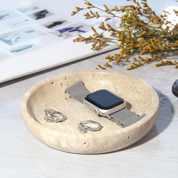 Plukers Small Natural Marble Jewelry Tray Key Plate Holder Dish Trinket Decor Catch All Bowl for Ring Earring Stone Gift for Women Daugther,Beige Travertine