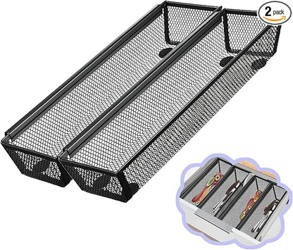 2PCS Drawer Organizer for Kitchen,Utensil Mesh Drawer Organizer with Interlocking Arm for Cosmetic,Flatware,Pen (12 * 3 * 2 Inches,Black)