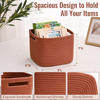3 Pack Cube Storage Bin, 9”x9”x7” Cotton Rope Woven Baskets for Organizing Toys Clothes Towels, Square Gift Storage Baskets for Shelf, Nursery, Closet, Bathroom, Pantry (Red)