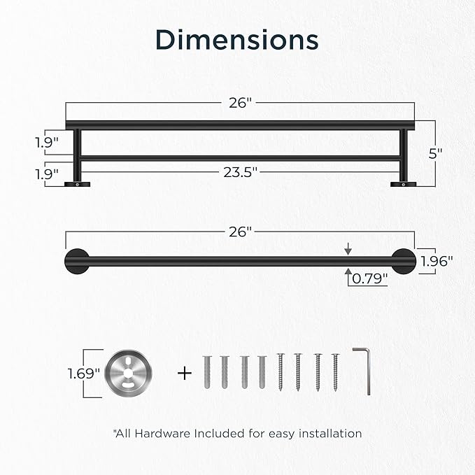 FORIOUS Black Double Towel Bar, 24 Inch Double Towel Racks for Bathroom, Heavy Duty SUS304 Stainless Steel Towel Holder Rail Wall Mount, Includes Wall Mounting Hardware, Matte Black