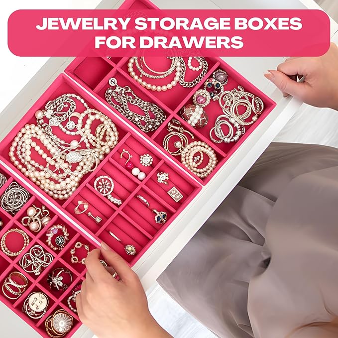 Landical 16 Pcs Jewelry Tray Velvet Stackable Jewelry Organizer Trays Drawer with Divider Earring Ring Necklace Display (Hot Pink)