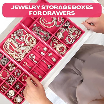 Landical 16 Pcs Jewelry Tray Velvet Stackable Jewelry Organizer Trays Drawer with Divider Earring Ring Necklace Display (Hot Pink)