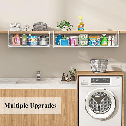 Expandable Under Cabinet Shelf, Extendable Under Shelf Storage with Removable Wire-Like Back for Pantry Cabinet, Laundry Room, Shoe Rack. (White, 2 Pack, Interior: 5" H x 10" D)