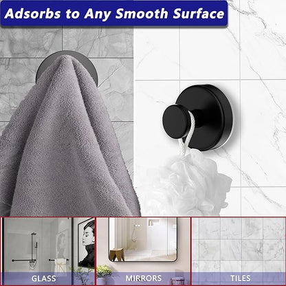 Suction Cup Hooks for Shower,Removable No Drill Towel Hooks,Upgraded 15 lbs Strong Suction hooks for Bathroom Tile,Shower Wall,Glass Door,Kitchen-Loofah,Coat,Stainless Waterproof-Matte Black 2 Pcs