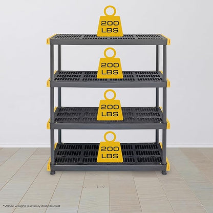 CX Black & Yellow 4-Tier Heavy Duty Storage Shelves and 8 Heavy Duty Storage Bins with Lids, 4 Shelves that Support up to 200lbs/shelf + 27 Gallon Containers (8-Pack), Organization and Storage