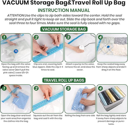 Vacuum Storage Bags,20Pack Vacuum Seal Bags for Clothing,Travel,Clothes,Comforters,Blankets,Pillows-4 Jumbo+4 Large+4 Medium+4 Small+4 Roll Up Space Saving Bag Hand Pump Inclued