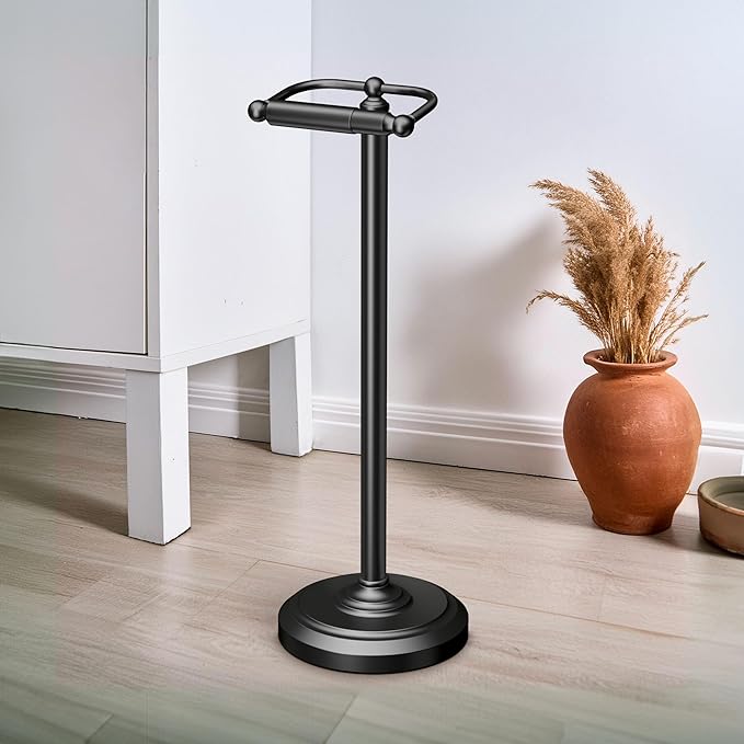 Gatco 1436MX, Freestanding Toilet Paper Holder, 22” H, Matte Black/Floor Standing Weighted Base Toilet Paper Holder Stand