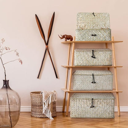 Woanger Set of 4 Wicker Storage Baskets Organizer，Handwoven Storage Bins with Lid for Organizing, Home Utility Box for Home Office Supplies Multipurpose Container(White)