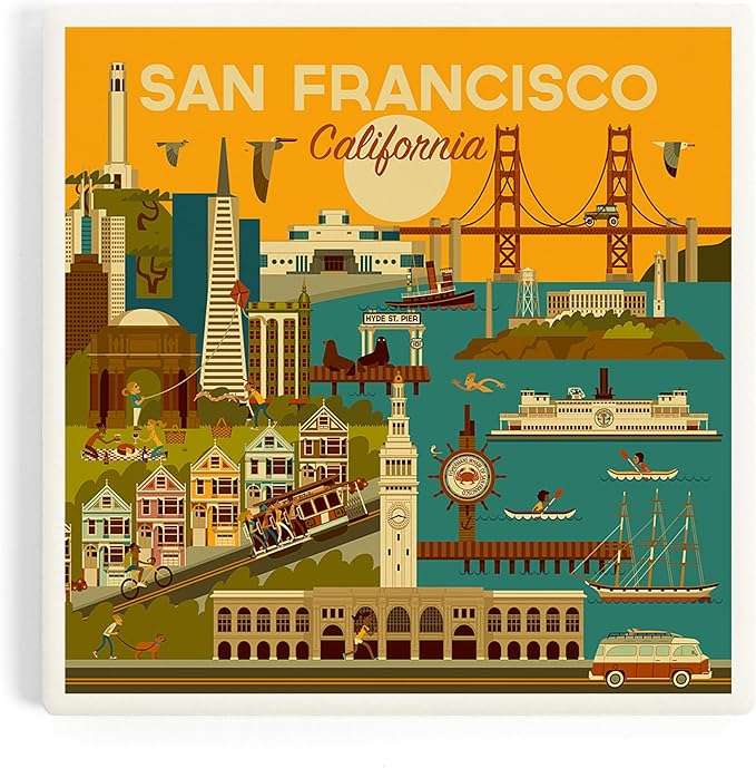 Lantern Press San Francisco, California, Geometric (Absorbent Ceramic Coaster, Single, Cork Back, Kitchen Table Decor)