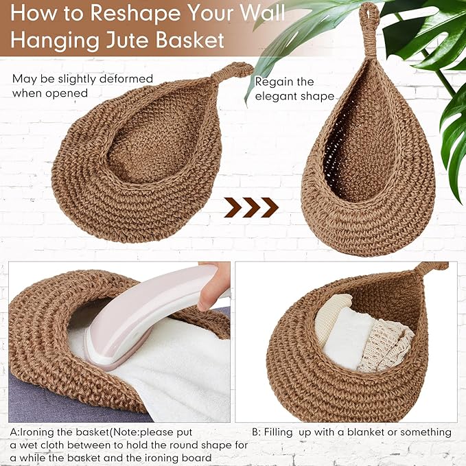 Honeydak Boho Decor Hanging Wall Baskets for Kitchen 3 Pack Teardrop Baskets with Hooks Storage Fruit Onion Vegetable Potato for Home 3 Sizes(Linen,Hemp Rope)