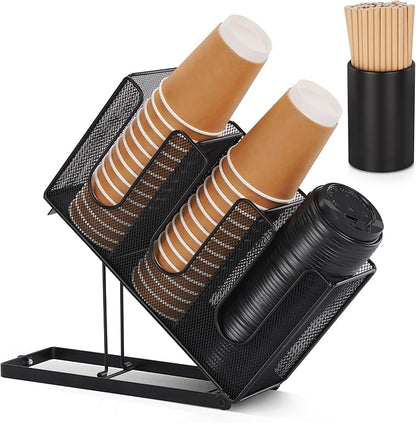 Disposable Coffee Cup Holder with Straw Organizer, Paper Cup and Lid Holder Dispenser for Coffee Station Bar Countertop Restaurant Breakroom, Black