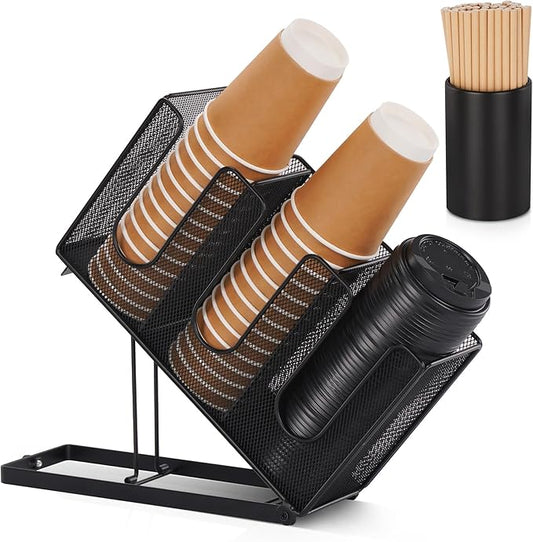 Disposable Coffee Cup Holder with Straw Organizer, Paper Cup and Lid Holder Dispenser for Coffee Station Bar Countertop Restaurant Breakroom, Black