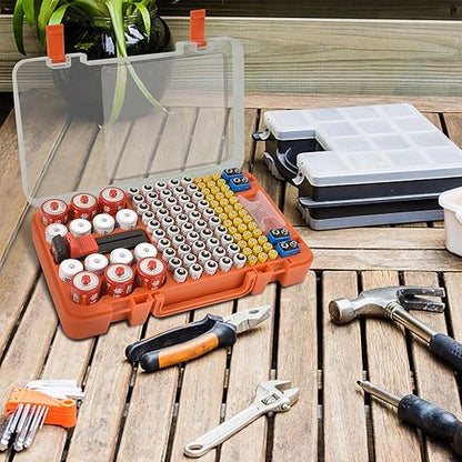 Battery Organizer Storage Case with Tester Checker. Batteries Holder Box Container for 120+ AA AAA 9V C D Lithium CR2025 CR1632 CR2032 Coin Cell Battery with Wall-Mounted Design -Orange